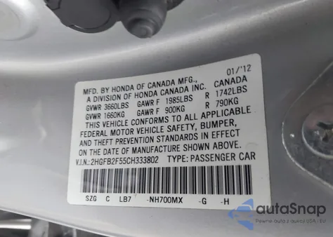 2012 Honda Civic Lx from USA, damaged, VIN 2HGFB2F55CH333802